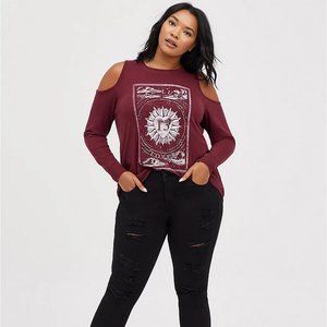 Torrid Cold Shoulder Tee- Tarot Luck Wine